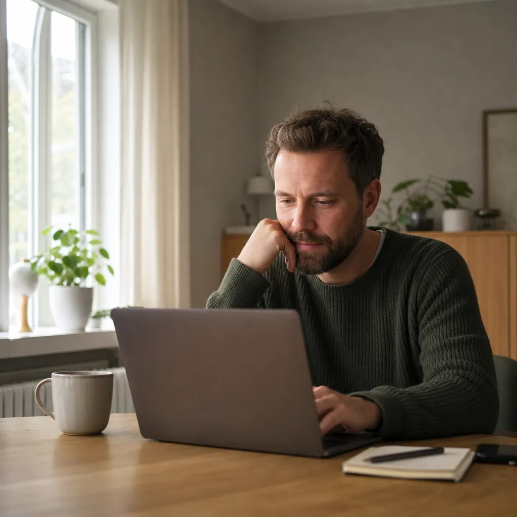 Person handlar billigt mobilabonnemang på laptop i hemmiljö