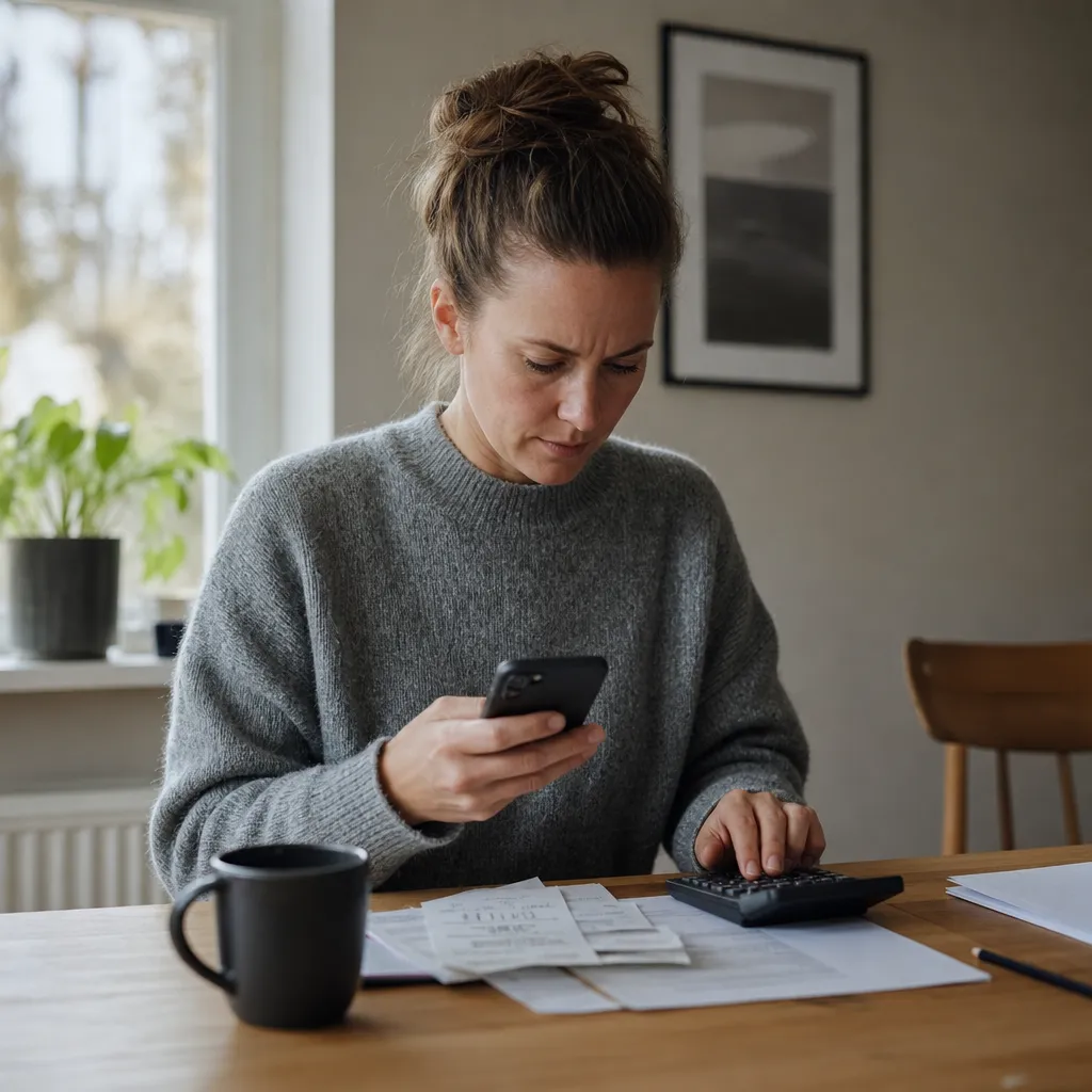 Räknare och mobiltelefon på skrivbord vid beräkning av jämförpris