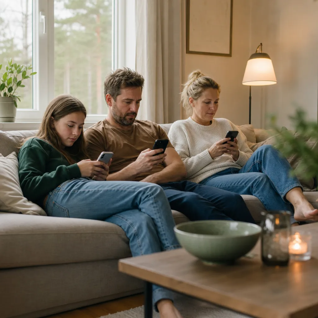 Familj i soffa med mobiler, naturlig hemmiljö och avslappnad stämning