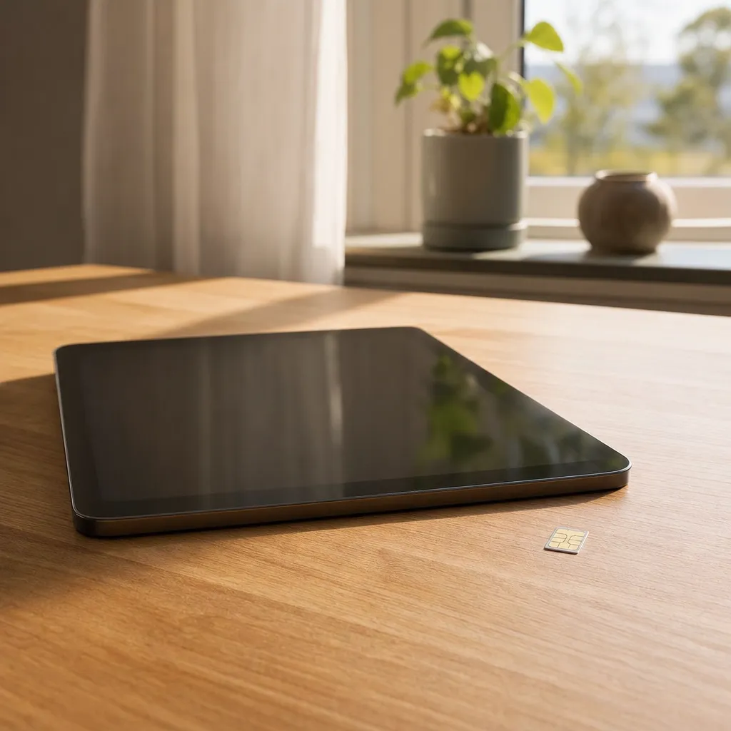 iPad och simkort sida vid sida på skrivbord, naturligt morgonljus