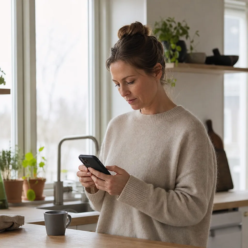 Person fyller på mobilkort vid köksbänken hemma