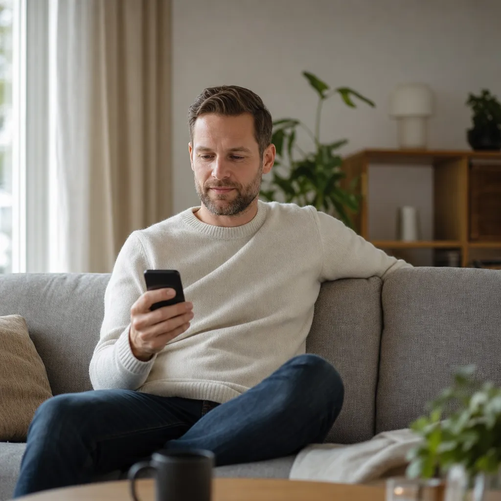 Person väljer surfabonnemang på mobil i soffan, kort beslut hemma