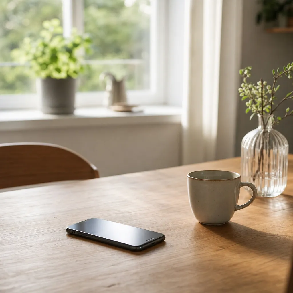 Mobil på köksbord med kaffekopp, svenskt morgonljus
