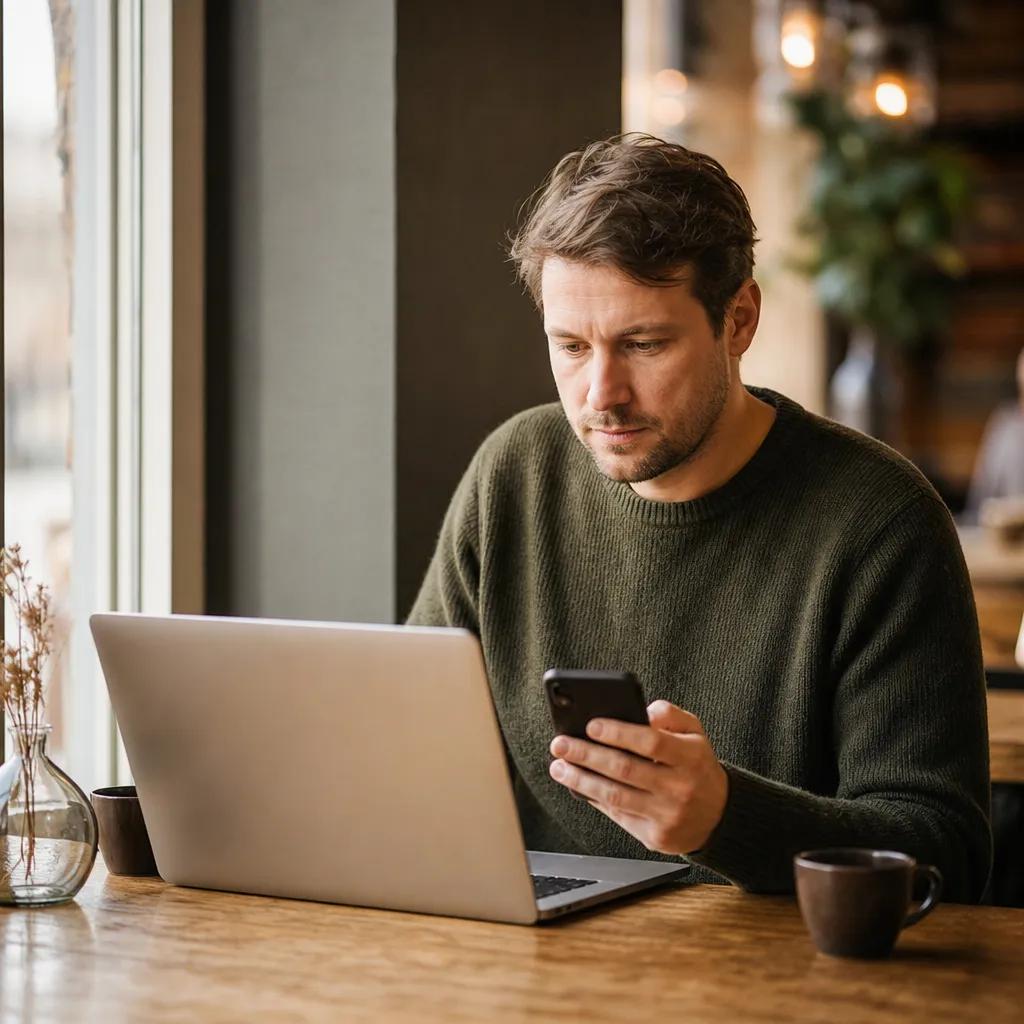 Person delar internet från mobil till laptop på ett kafé