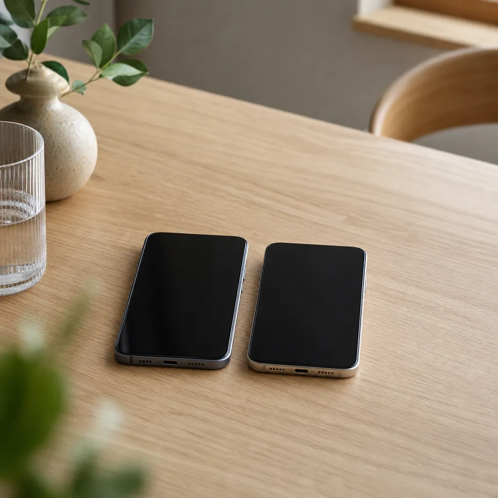 Två mobiler bredvid varandra för jämförelse på ett skrivbord