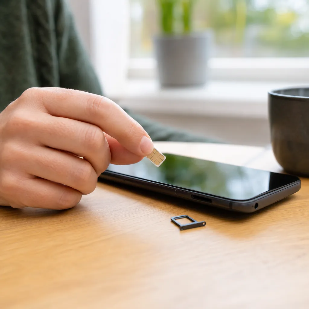 Mobiltelefon med simkort som byts ut inför utlandsresa, närbild på hand och kort