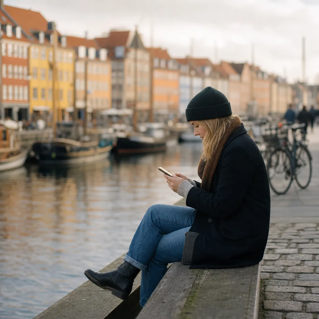 Nordisk hamnkant med färgglada fasader, cyklar och en resenär som tittar på mobiltelefon