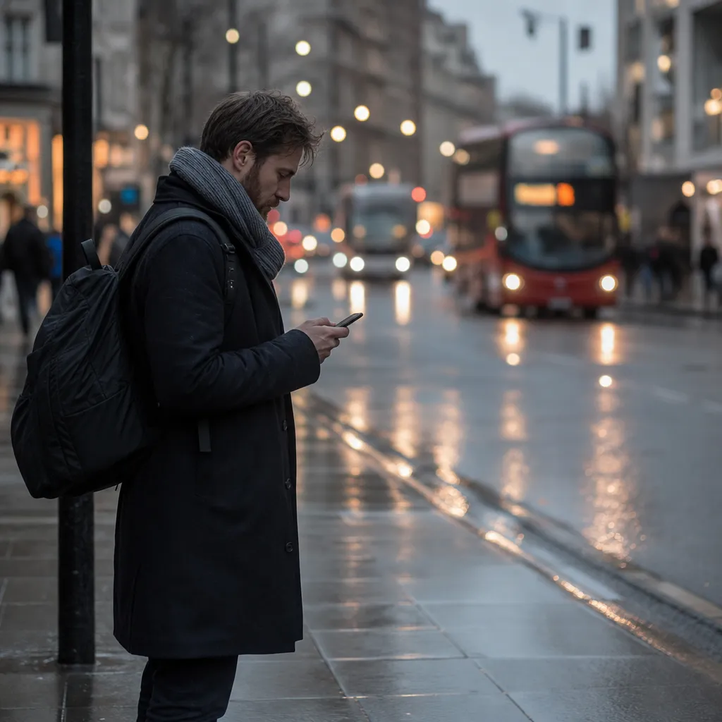 Brittisk storstadshörna med dubbeldäckare suddig i bakgrunden och resenär med mobiltelefon på regnvåt trottoar