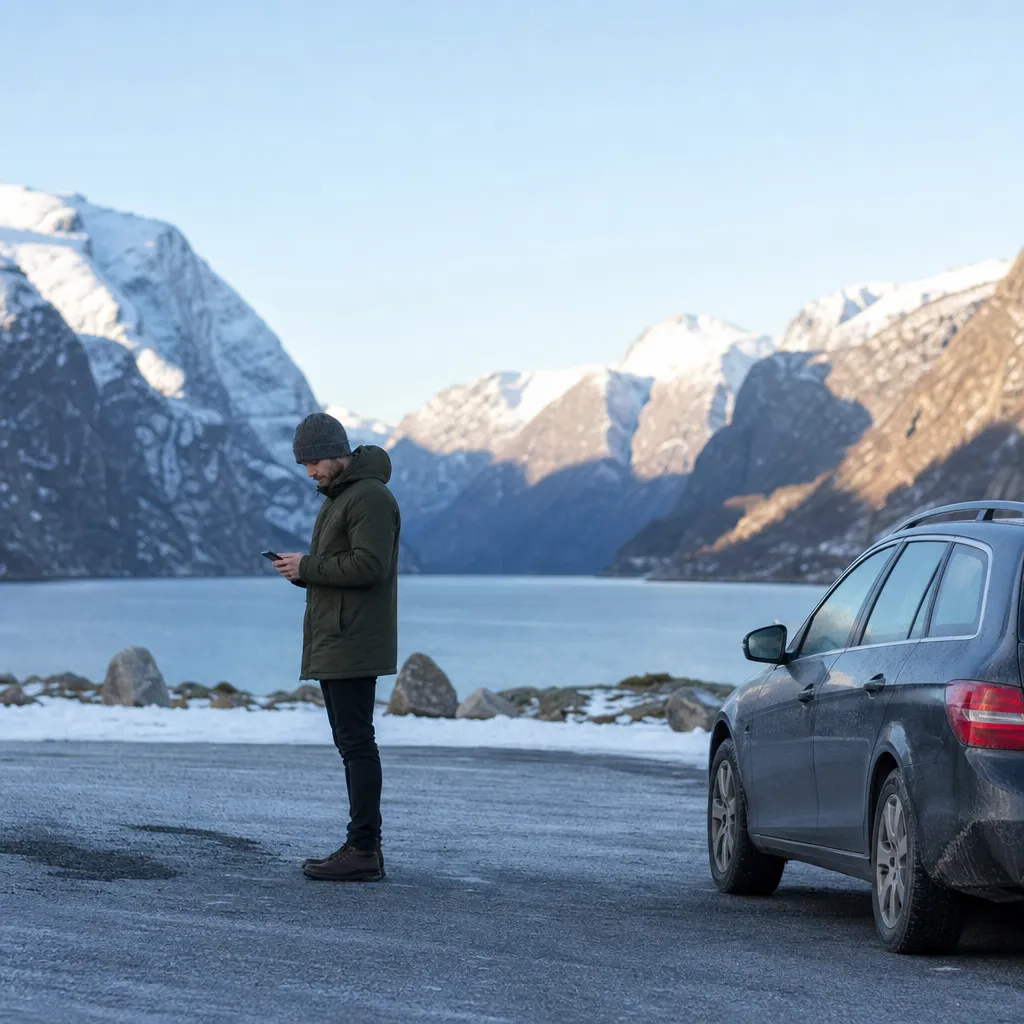 Norsk fjäll- och fjordvy med liten parkering och en vinterklädd resenär som tittar på mobiltelefon