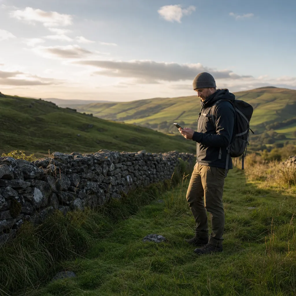 Brittiskt landskap med gröna kullar, stenmur och vandrare som tittar på mobiltelefon — Skottland eller Wales-känsla