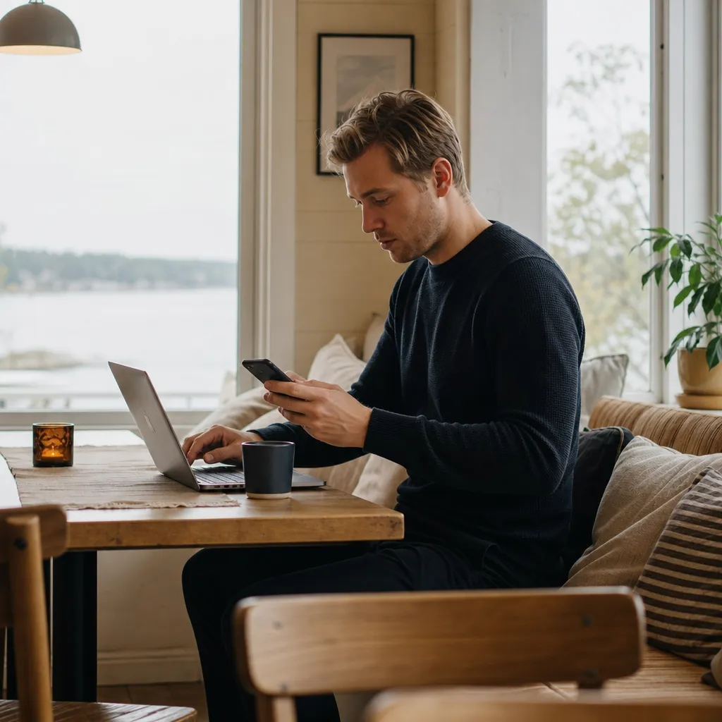 Person använder mobil på café med uppmärksamt uttryck, säkerhetsmedveten surfning