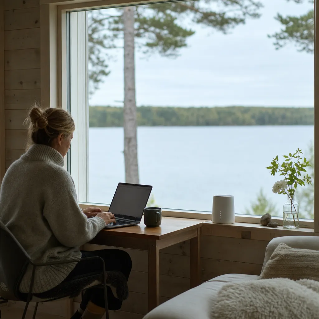 Hemmakontor i stuga med mobilrouter på fönsterbrädan och sjöutsikt
