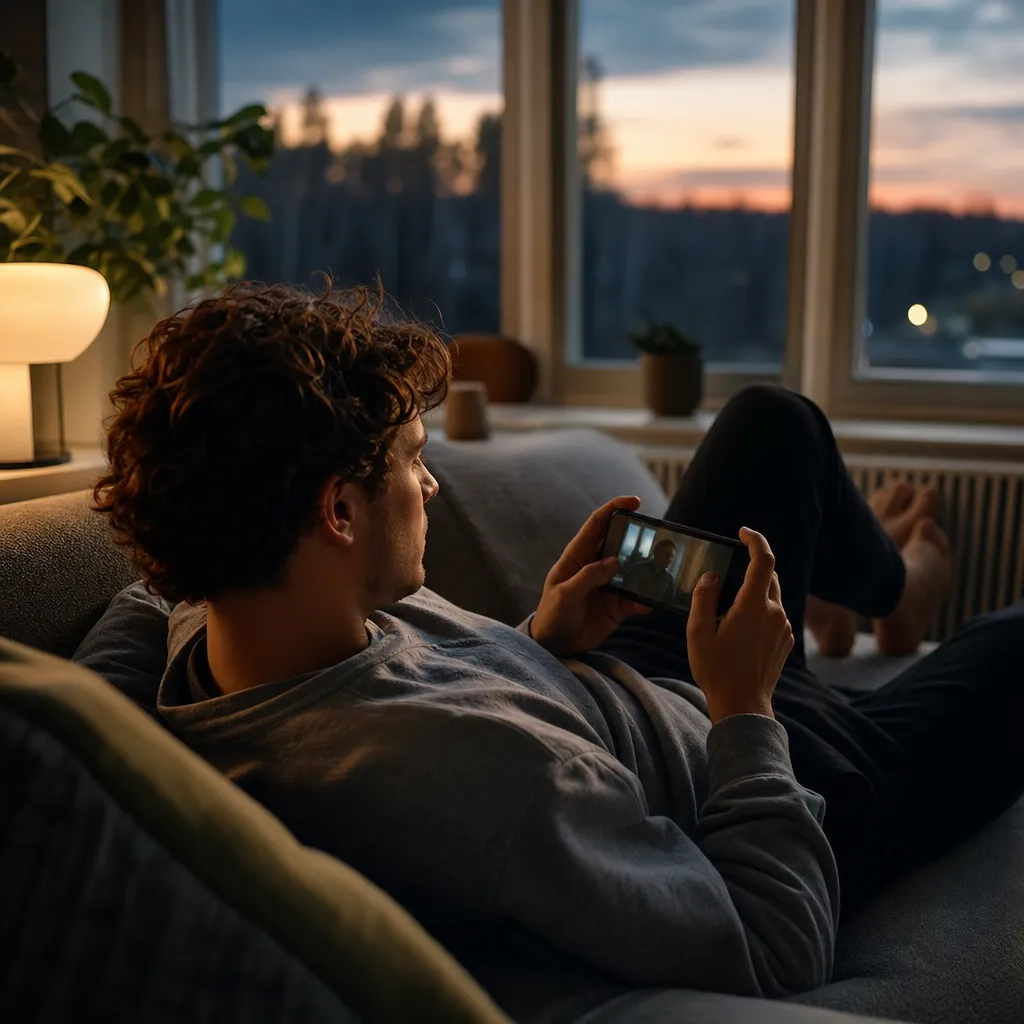 Person som streamar serie på mobilen i en soffa kvällstid