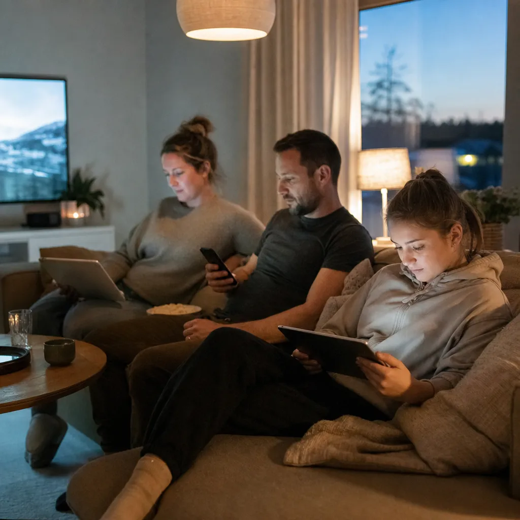 Familjevardagsrum med tv, surfplattor och mobil i samtidig användning på kvällen