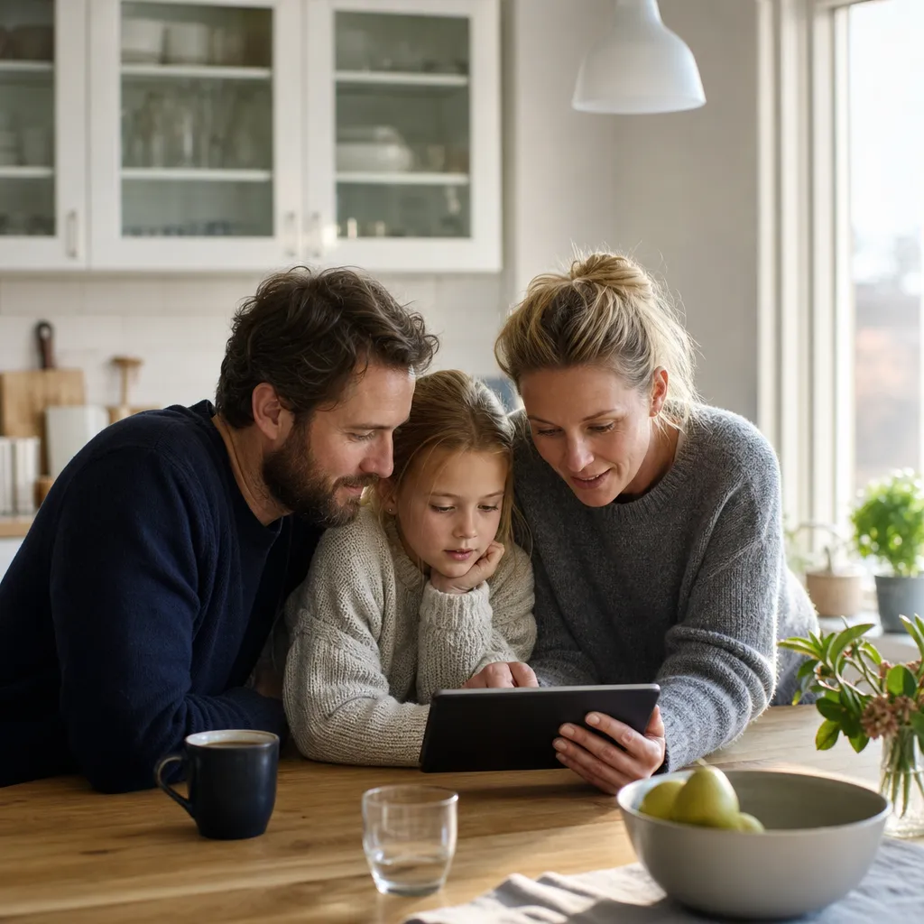 Familj som tittar tillsammans på surfplatta i köket