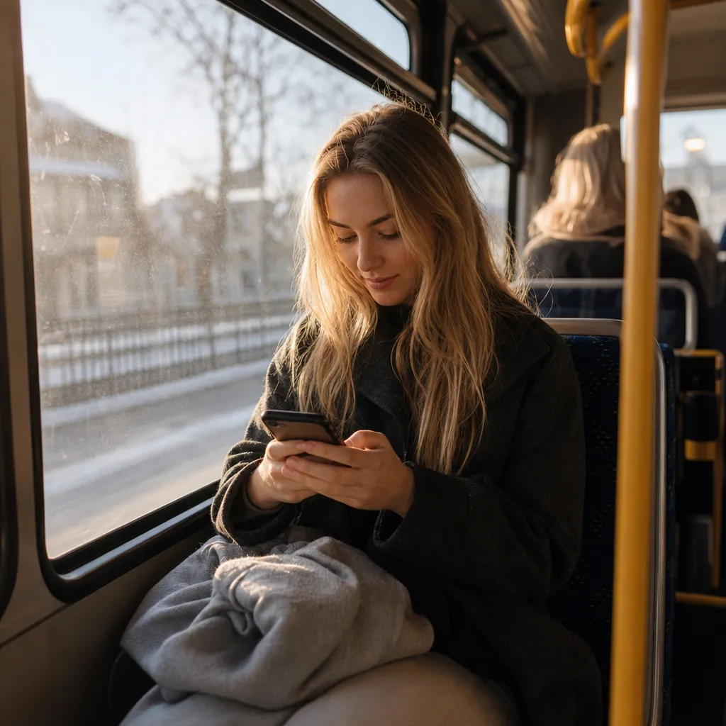 Pendlare scrollar i sociala medier på bussen i svensk stadsmiljö
