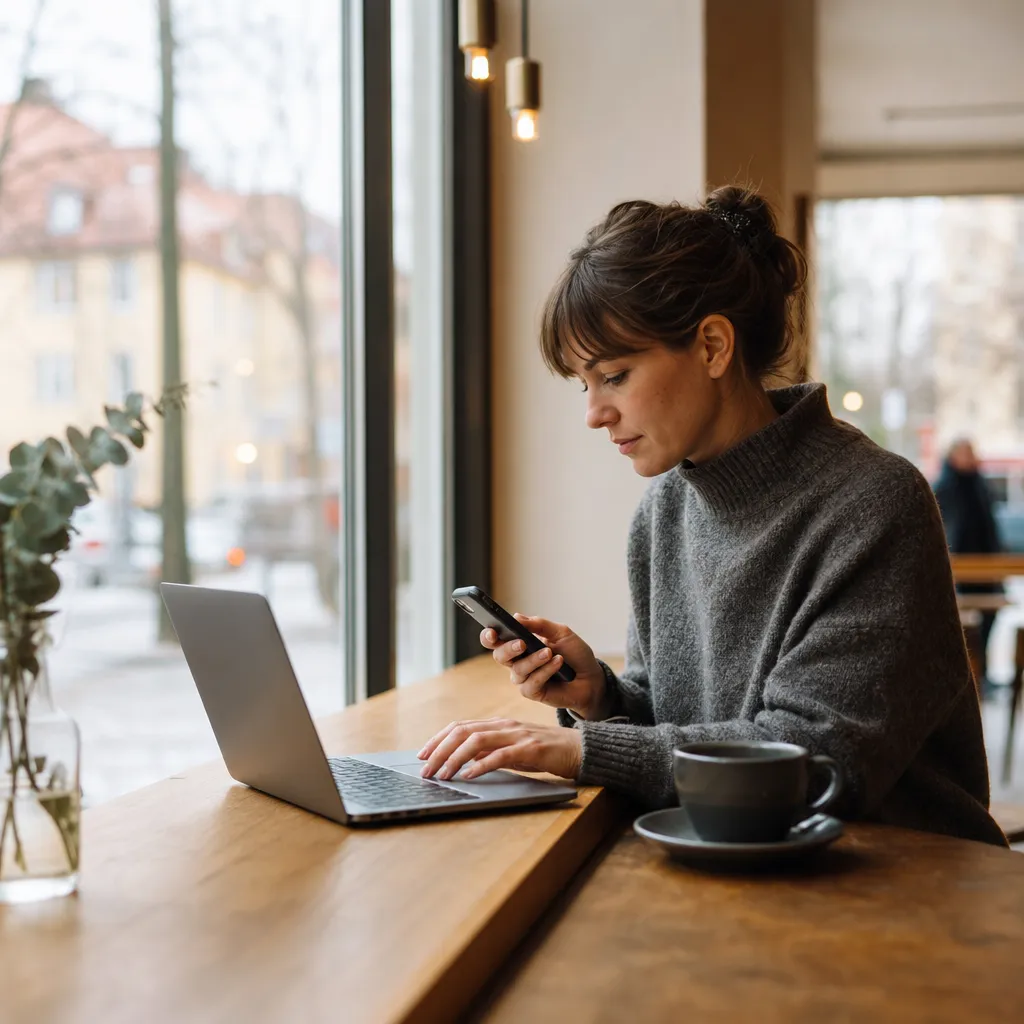 Person arbetar från kafé med laptop och mobil bredvid