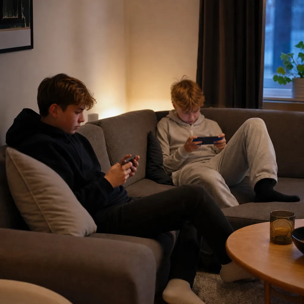 Två tonåringar streamar samtidigt på var sin mobil i soffhörn