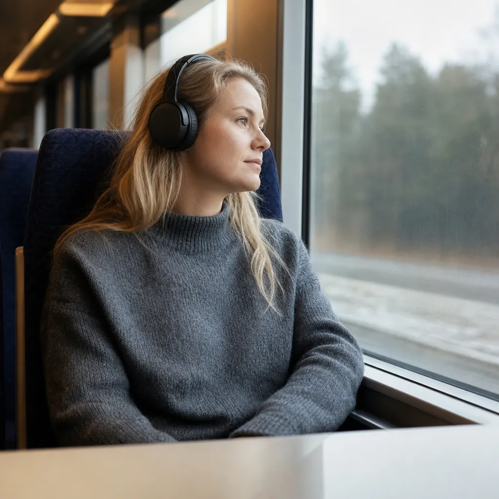 Kvinna med hörlurar lyssnar musik på pendlingståg