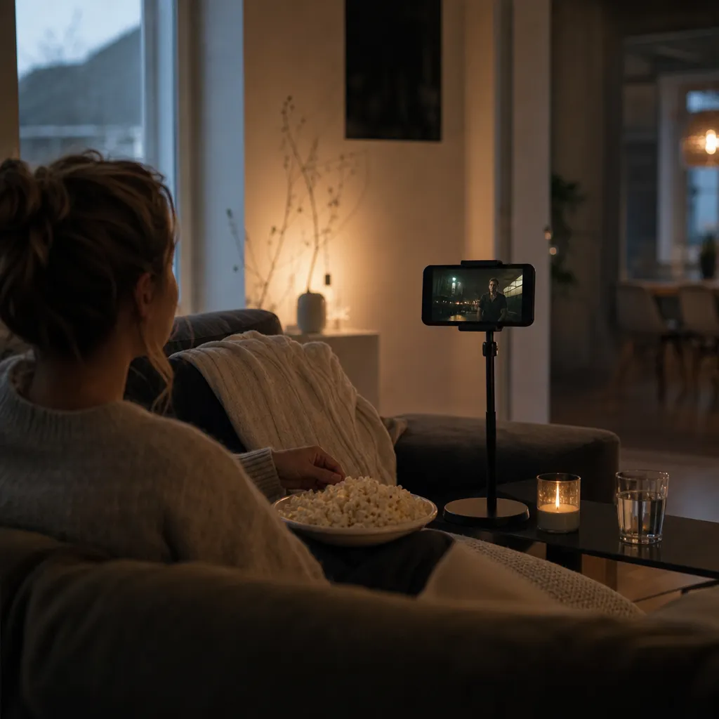 Mörkt vardagsrum med popcorn och mobil på stativ som spelar film