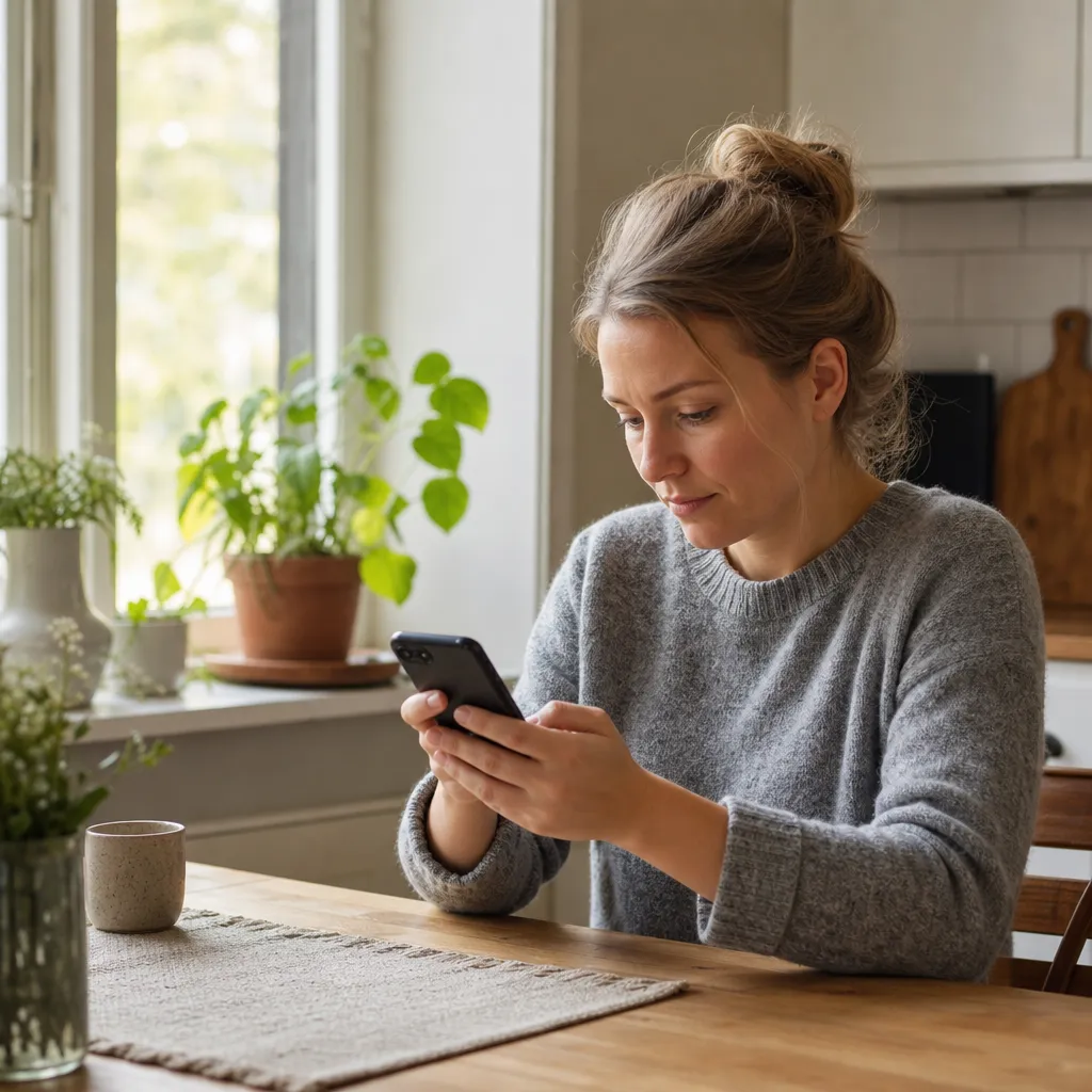Person tittar på mobilens dataanvändning i app vid köksbordet hemma