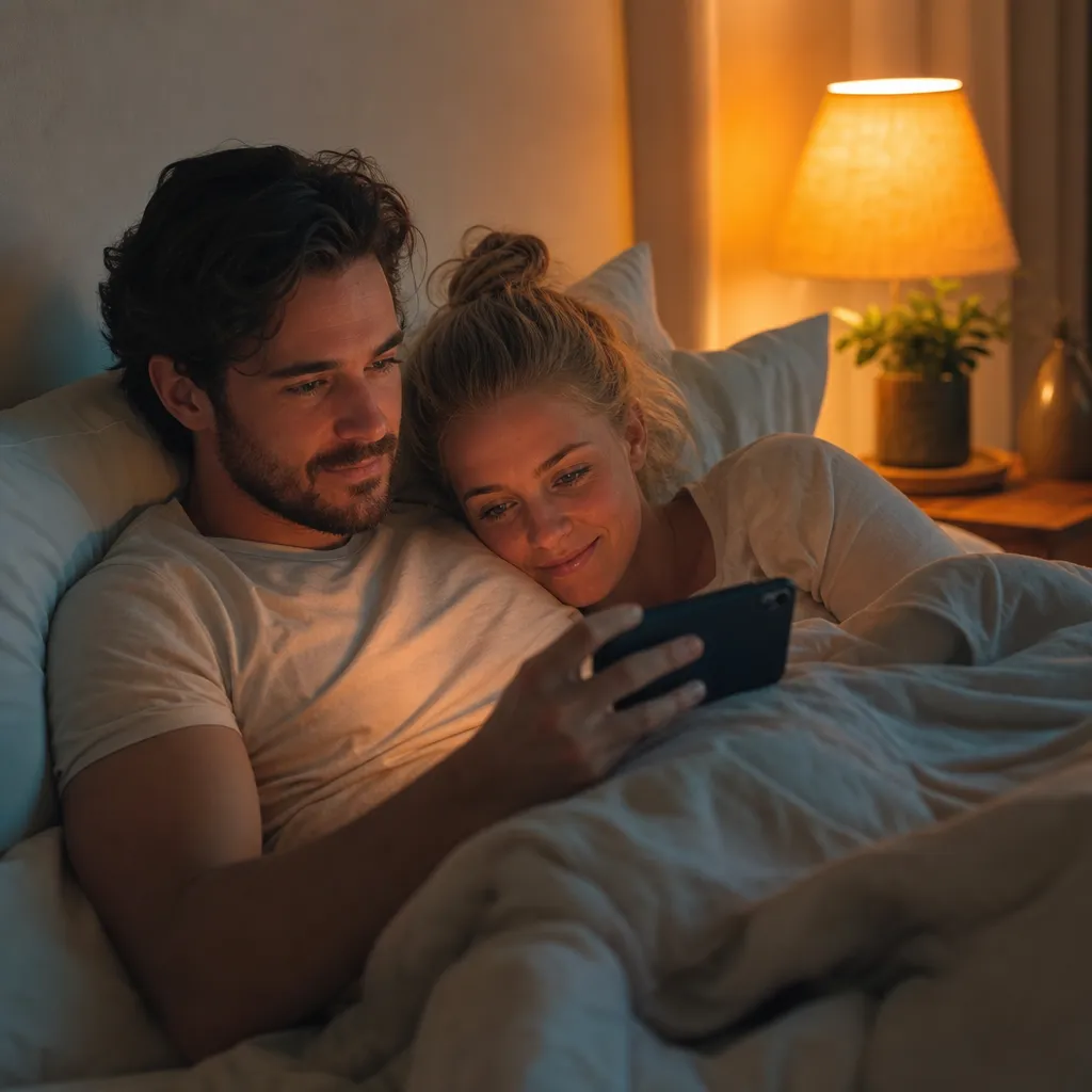 Par tittar på film via mobil i sängen med varm lampbelysning