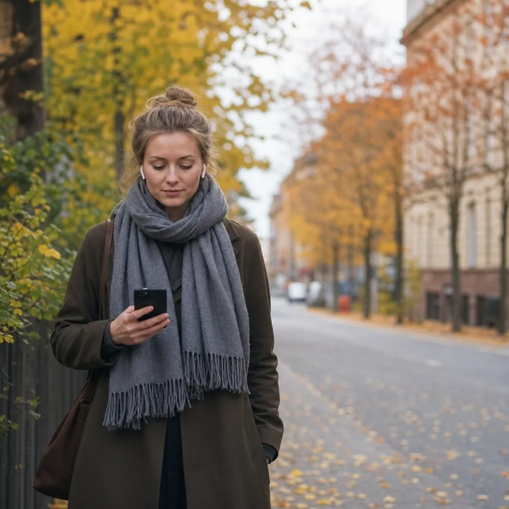 Person med trådlösa hörlurar och mobil i hand på promenad