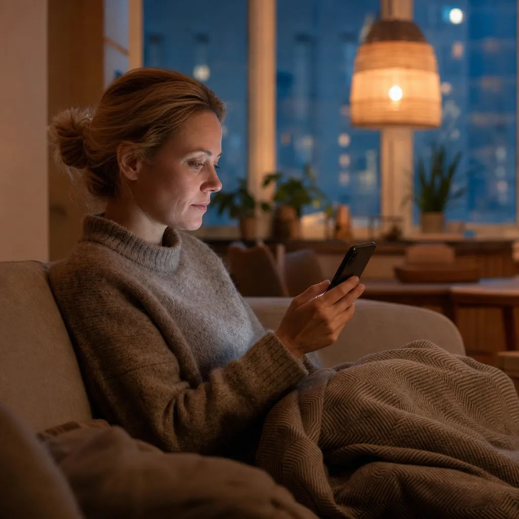 Mobilskärm med svensk nyhetsläsare i hemtrevlig lägenhetsmiljö
