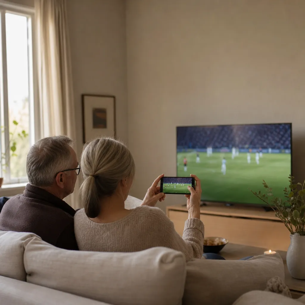Äldre par tittar på sport via mobil ansluten till tv i vardagsrum
