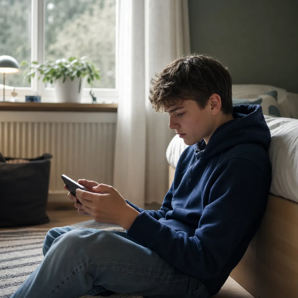 Tonåring tittar på instruktionsvideo på mobilen i sitt rum